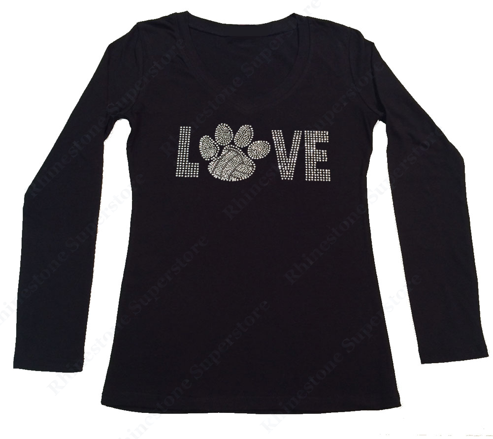 Womens T-shirt with Love Volleyball Paw in Rhinestones