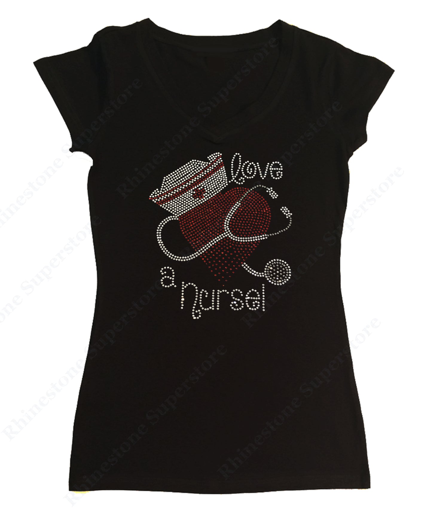 Womens T-shirt with Love a Nurse in Rhinestones