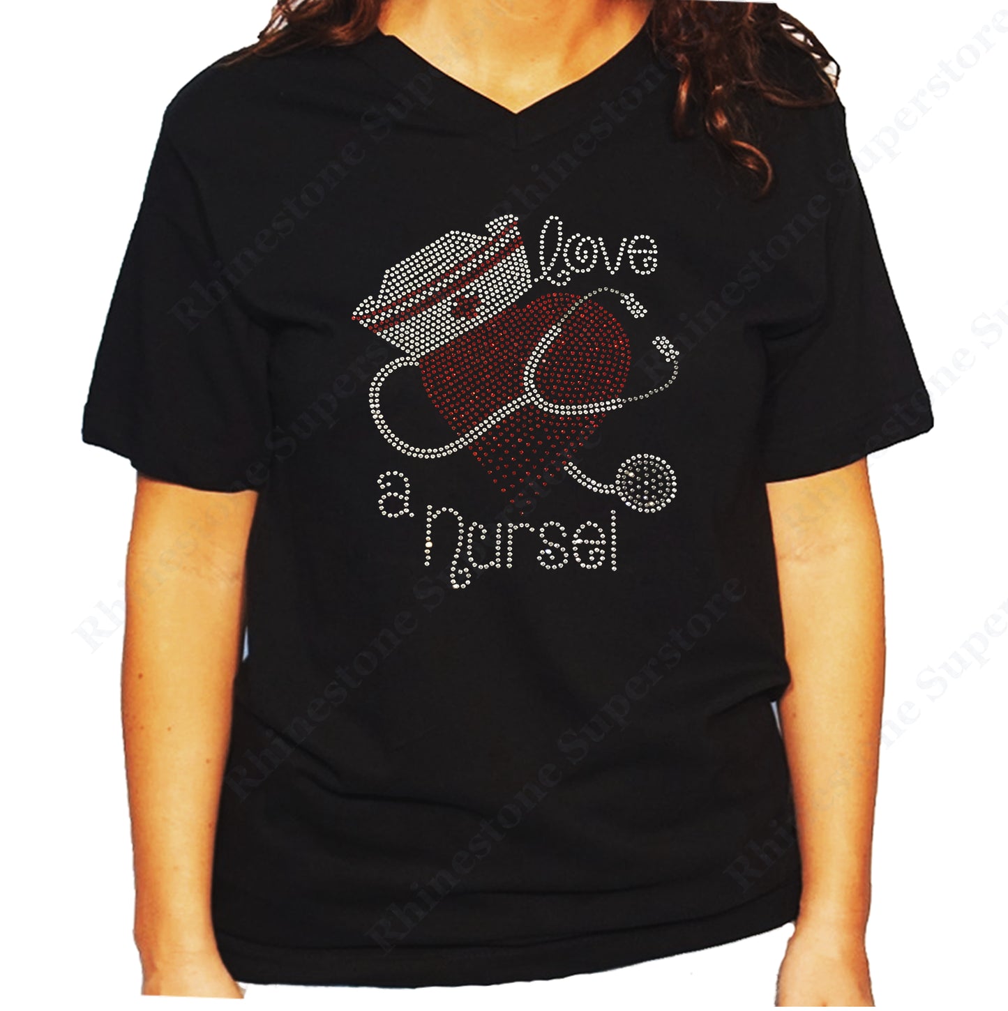 Women's / Unisex T-Shirt with Love a Nurse in Rhinestones
