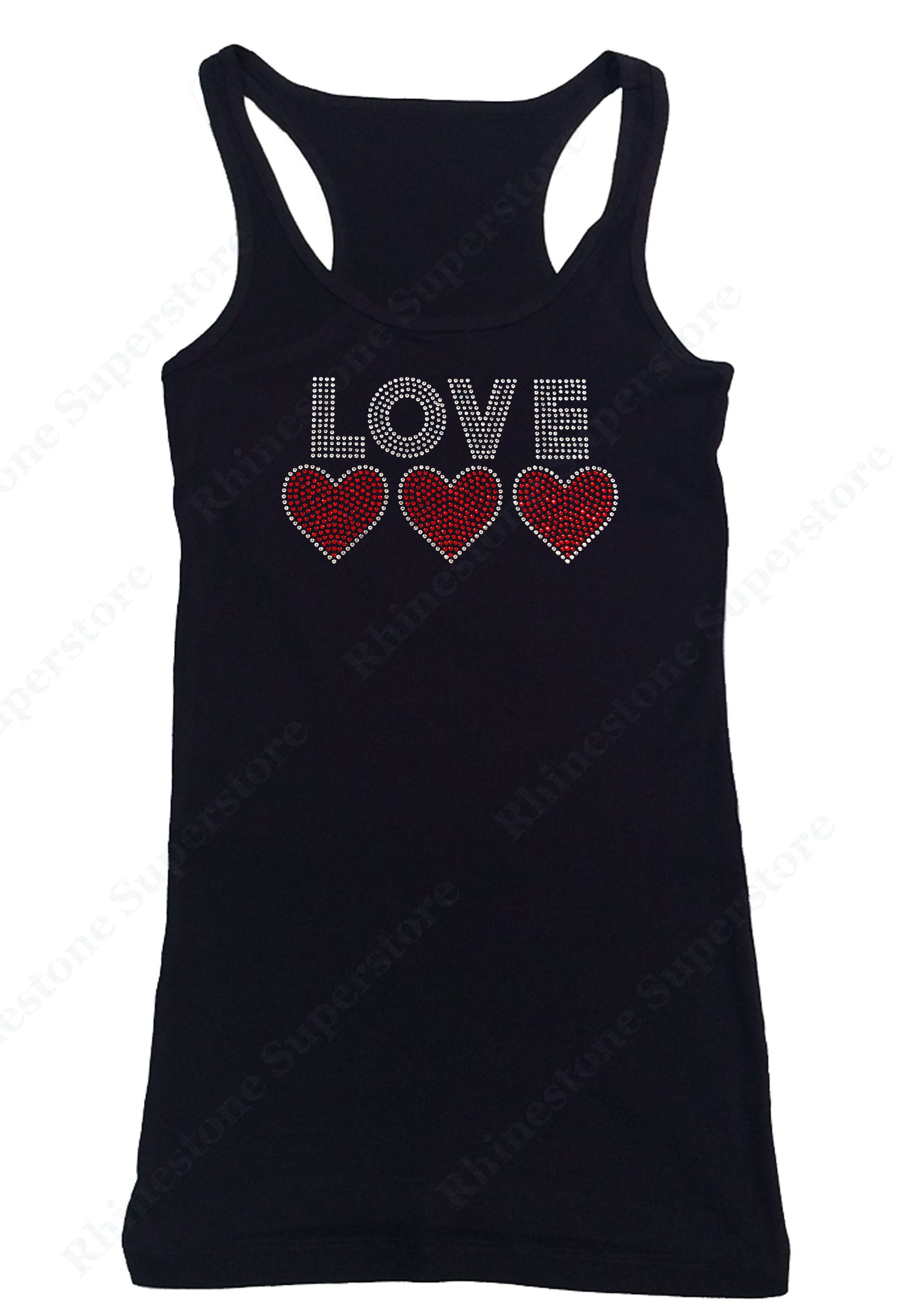 Womens T-shirt with Love with 3 Hearts in Rhinestones