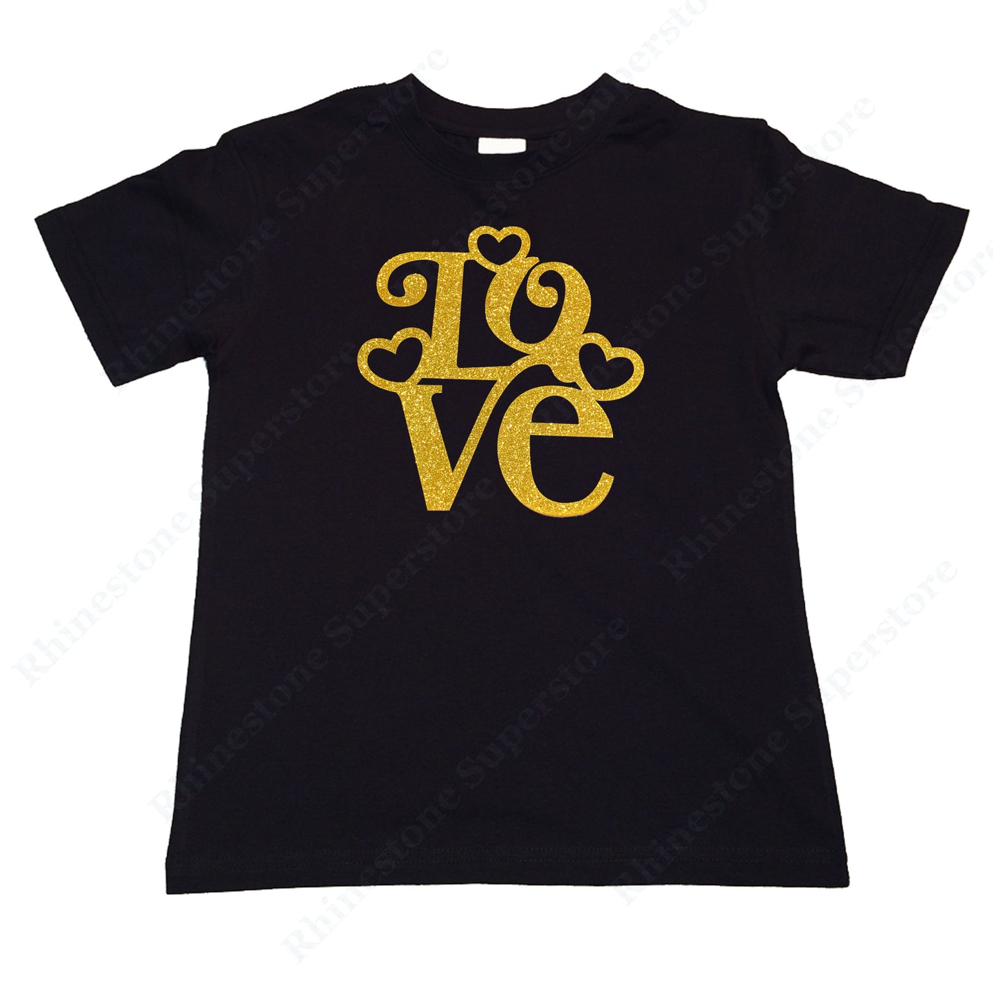 Girls Rhinestone T-Shirt " Love with Hearts in Gold Glitters " Kids Size 3 to 14 Available