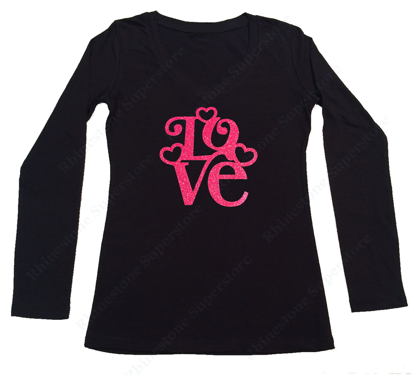 Womens T-shirt with Love with Hearts in Pink Glitters