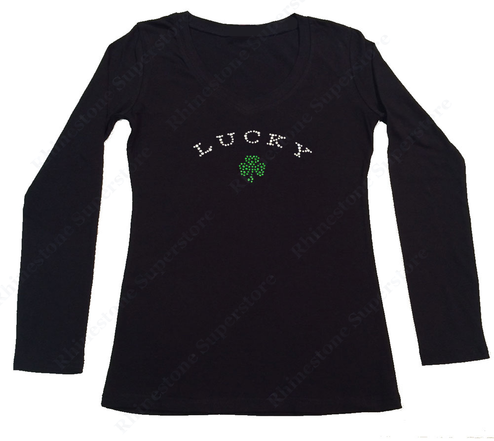 Womens T-shirt with Lucky 3 Leaf Clover in Rhinestones