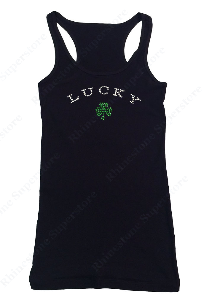 Womens T-shirt with Lucky 3 Leaf Clover in Rhinestones