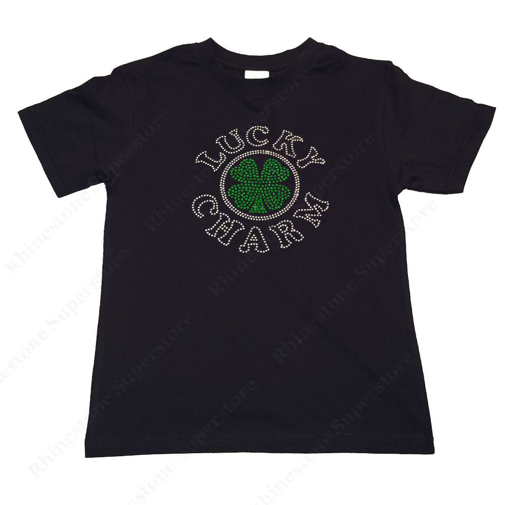 Girls Rhinestone T-Shirt " Lucky Charm " Size 3 to 14 Available Saint Patrick's Day, 4 Leaf Clover