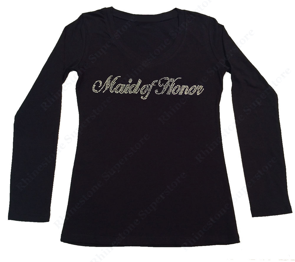 Womens T-shirt with Maid of Honor in Script in Rhinestones