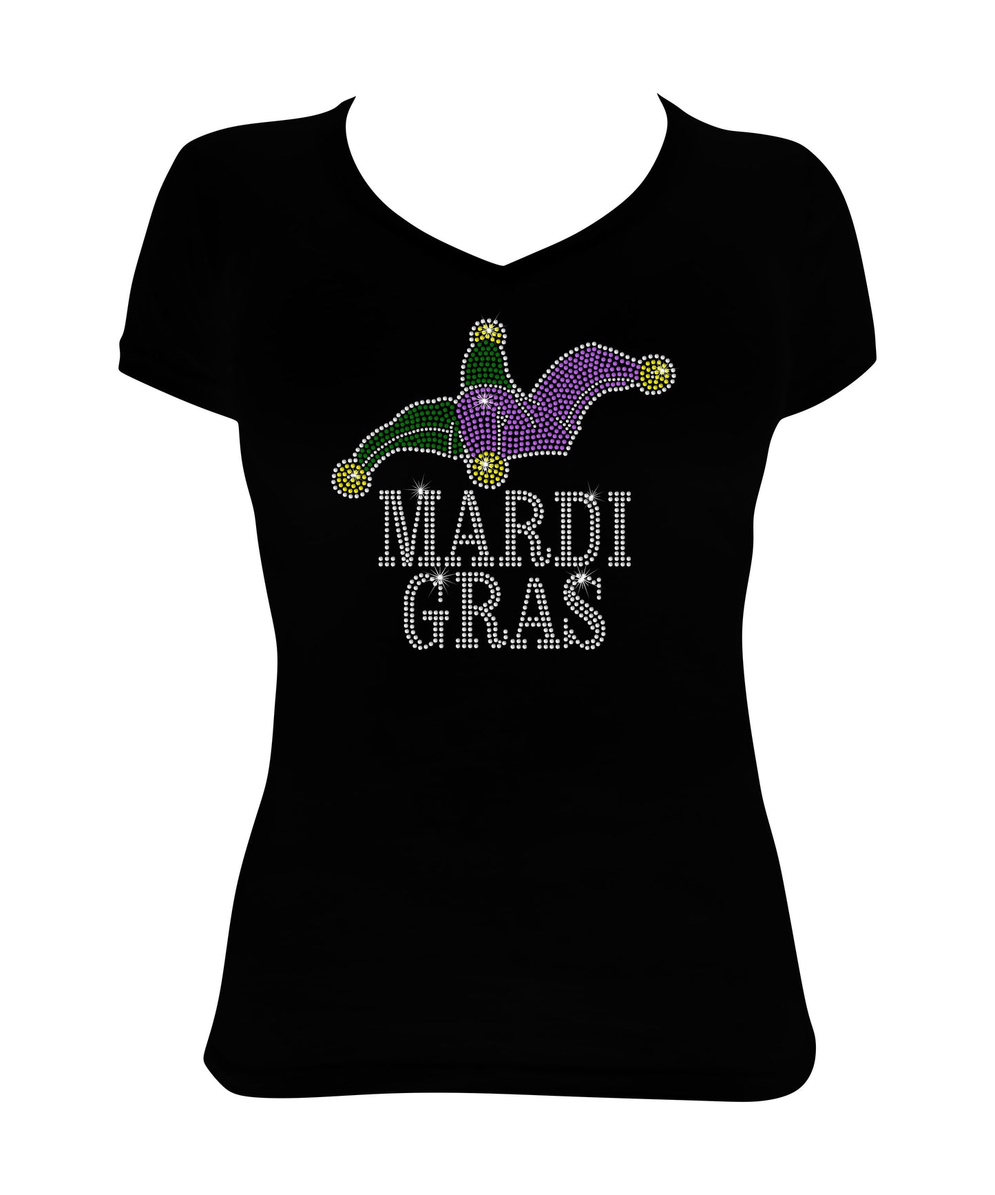 Women's Rhinestone Fitted Tight Snug Shirt Mardi Gras with Jester Hat