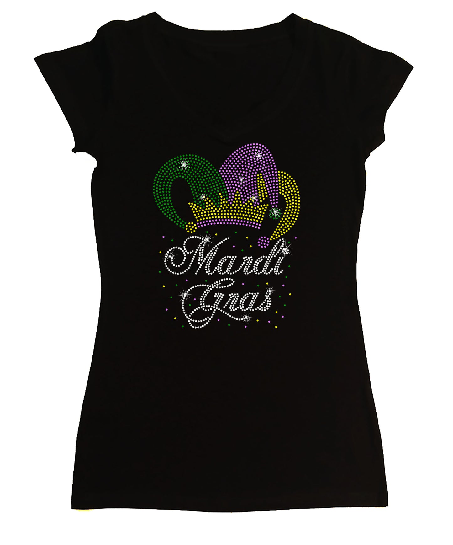 Women's Rhinestone Fitted Tight Snug Shirt Mardi Gras in Script with Jester Hat - Fat Tuesday