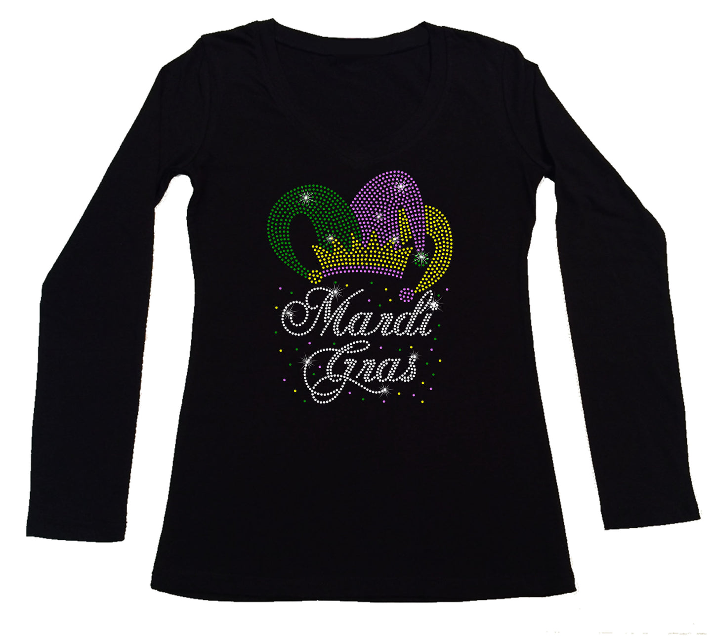 Women's Rhinestone Fitted Tight Snug Shirt Mardi Gras in Script with Jester Hat - Fat Tuesday