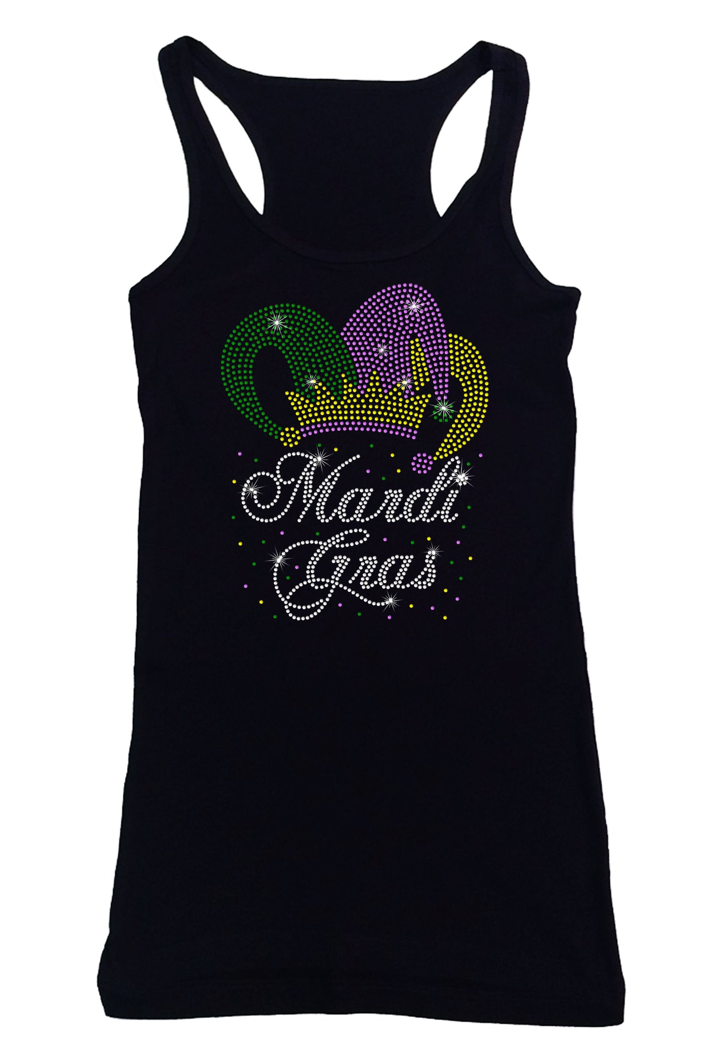 Women's Rhinestone Fitted Tight Snug Shirt Mardi Gras in Script with Jester Hat - Fat Tuesday