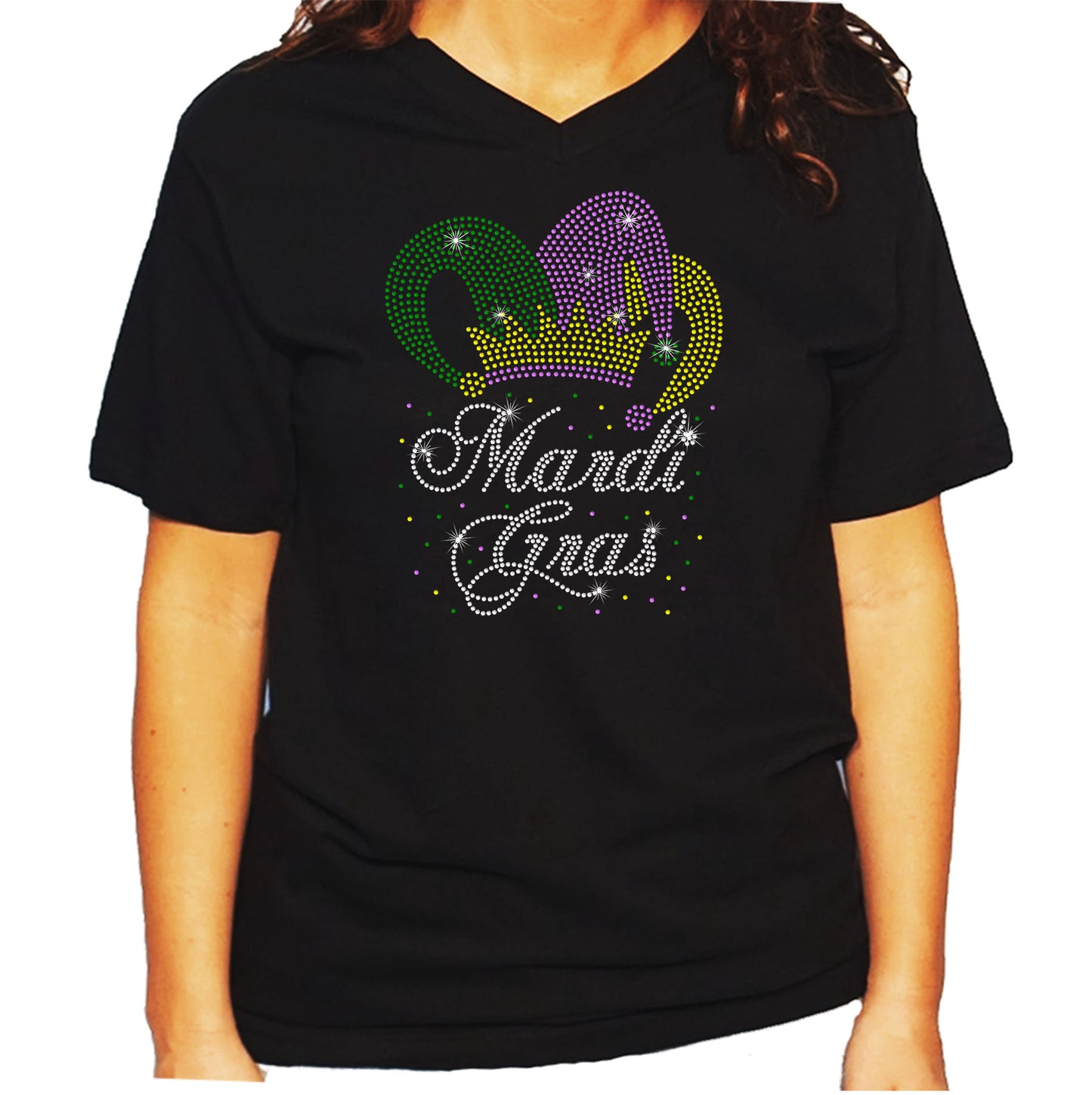 Women's/Unisex Rhinestone T-Shirt with Mardi Gras in Script with Jester Hat - Fat Tuesday