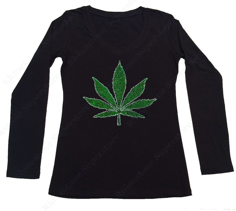 Womens T-shirt with Marijuana Leaf in Rhinestones