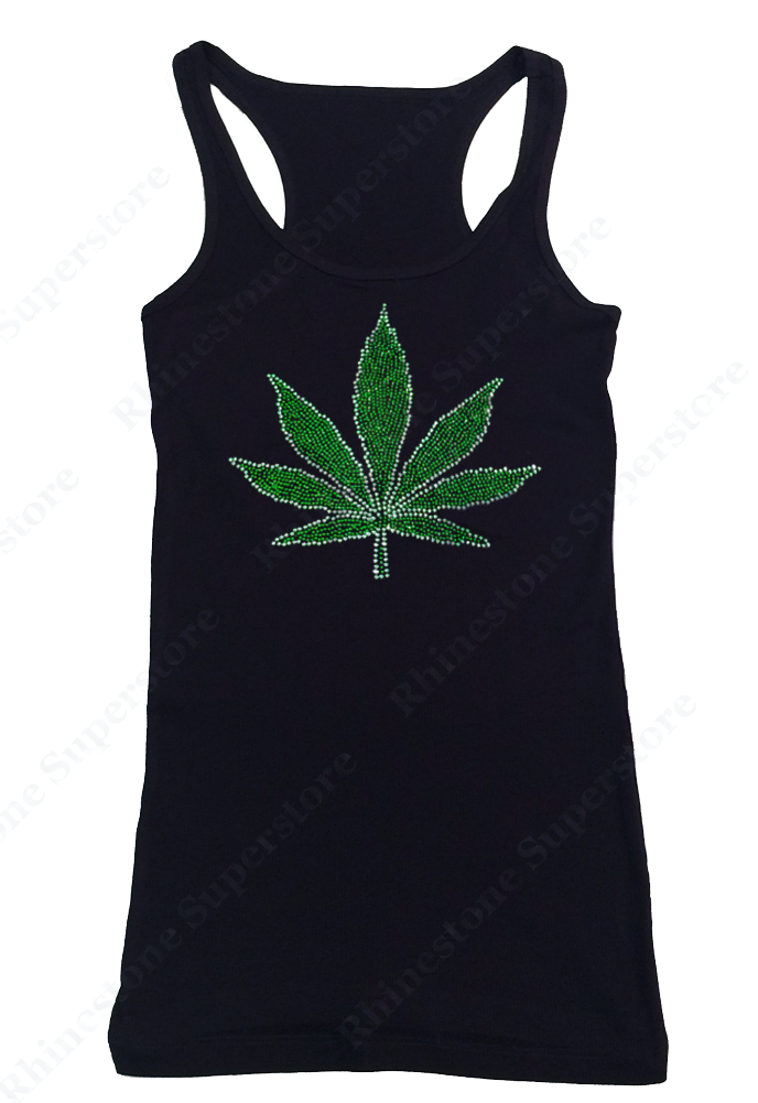 Womens T-shirt with Marijuana Leaf in Rhinestones