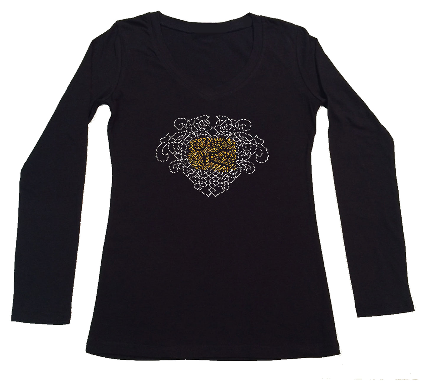 Womens T-shirt with Mayan Aztec Lion Head in Rhinestones