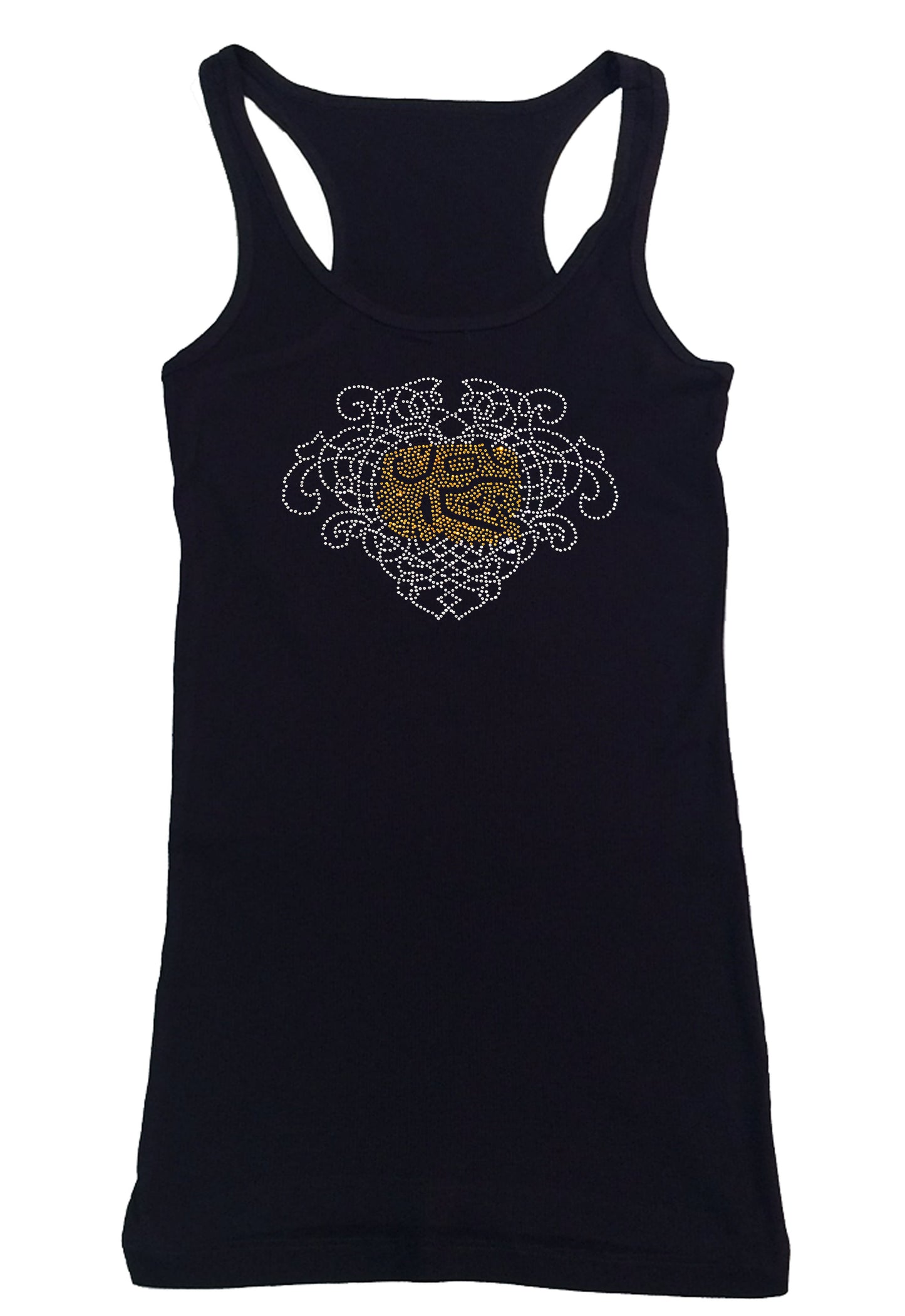 Womens T-shirt with Mayan Aztec Lion Head in Rhinestones