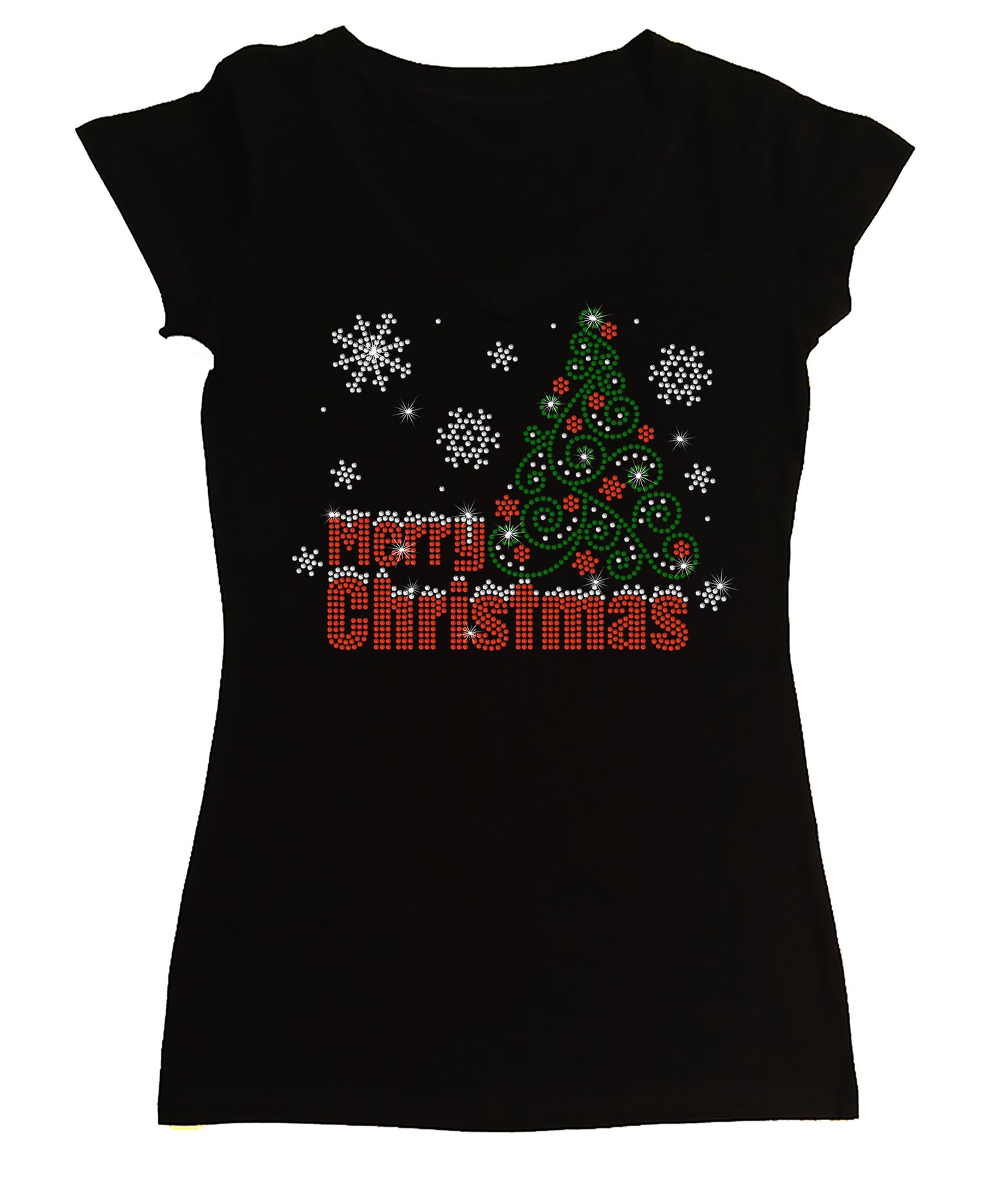 Women's Rhinestone Fitted Tight Snug Shirt Merry Christmas Snowcapped - Christmas Shirt