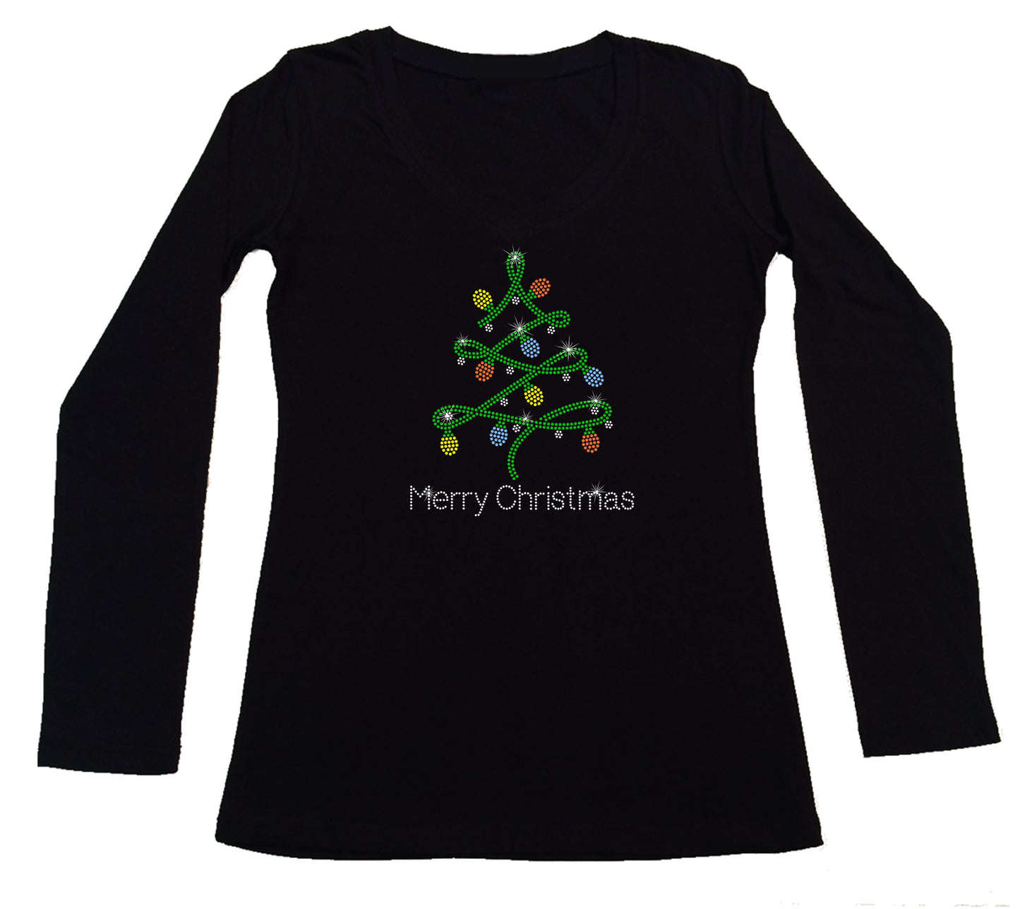 Women's Rhinestone Fitted Tight Snug Shirt Merry Christmas Tree with Lights - Christmas Shirt