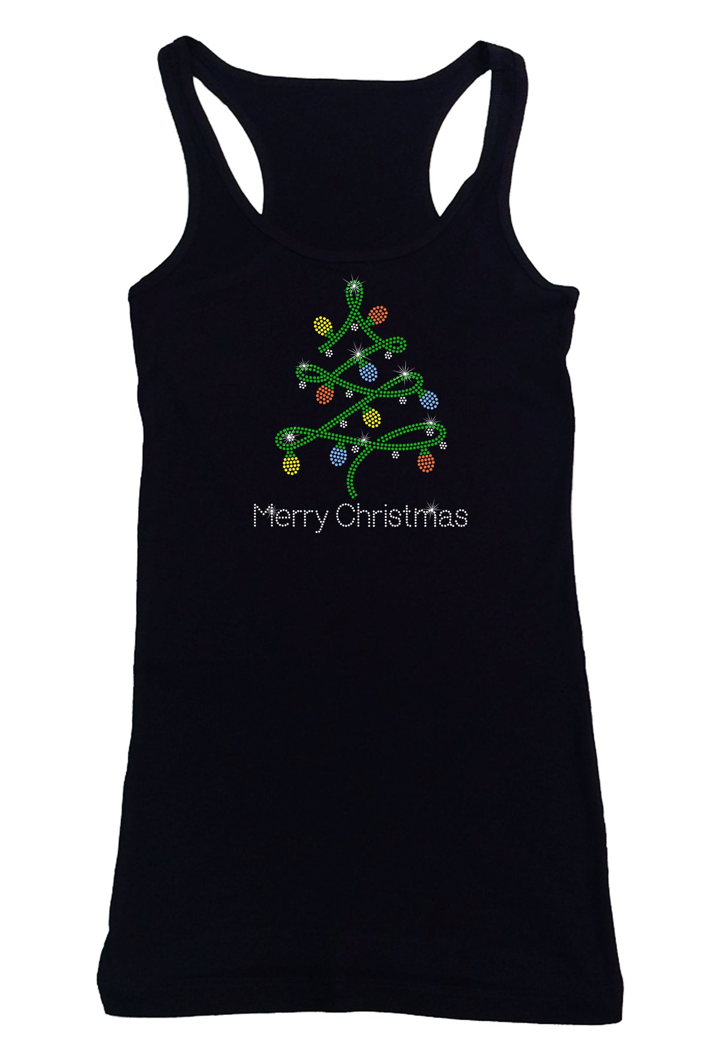 Women's Rhinestone Fitted Tight Snug Shirt Merry Christmas Tree with Lights - Christmas Shirt