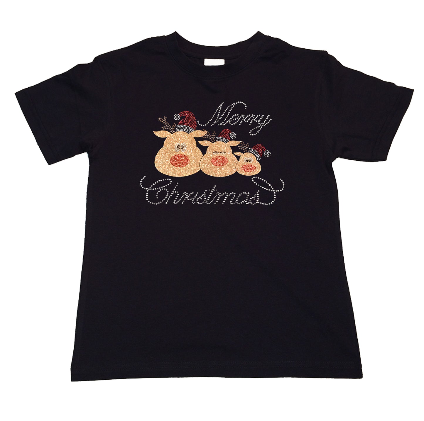 Girls Glitter and Rhinestone T-Shirt " Merry Christmas 3 Reindeer " Kids Size 3 to 14 Available