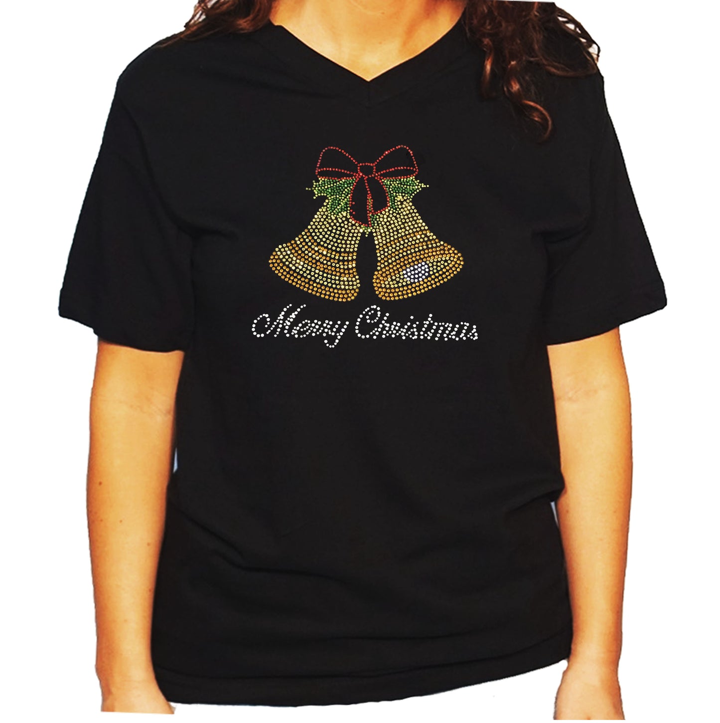 Women's / Unisex T-Shirt with Merry Christmas Bells in Rhinestones