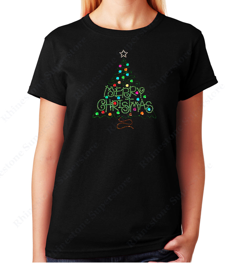 Women's / Unisex T-Shirt with Merry Christmas Green Tree in Rhinestones