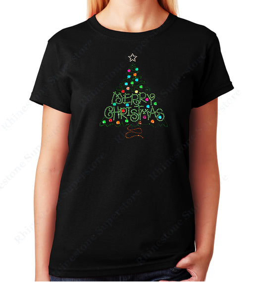 Women's / Unisex T-Shirt with Merry Christmas Green Tree in Rhinestones
