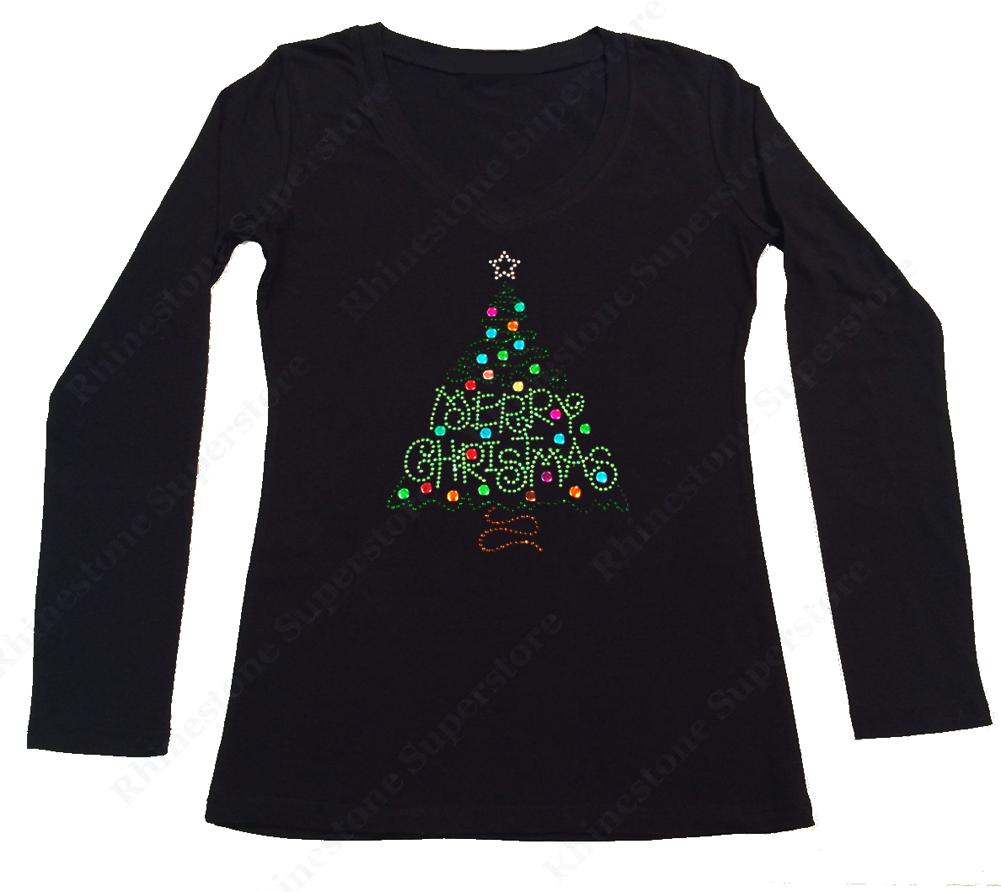 Womens T-shirt with Merry Christmas Green Tree in Rhinestones