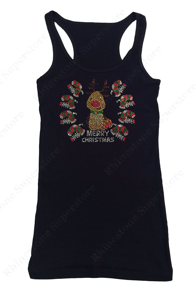 Womens T-shirt with Merry Christmas Reindeer in Rhinestones