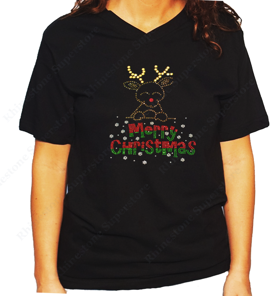 Women Unisex T-Shirt with Merry Christmas Rudolph the Red Nose Reindeer in Rhinestones V Neck