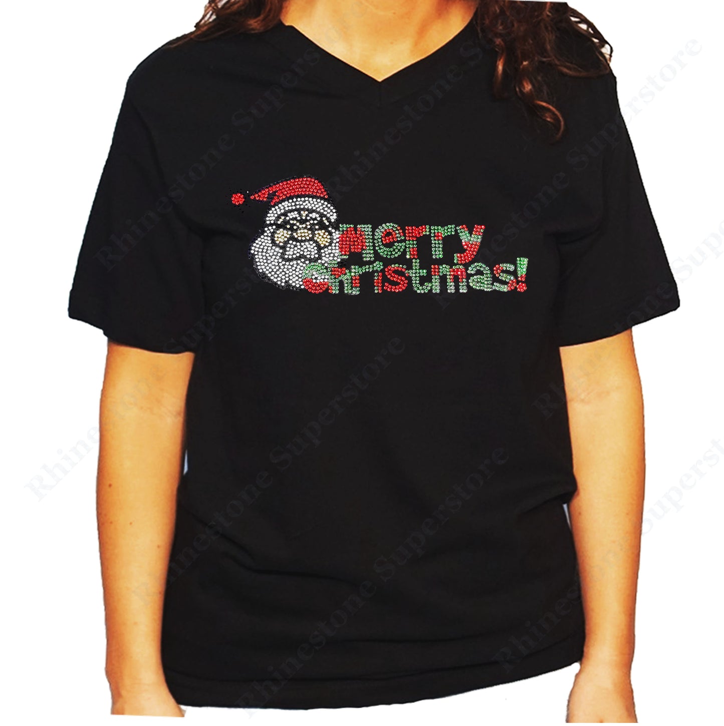 Women's / Unisex T-Shirt with Merry Christmas Santa in Rhinestones