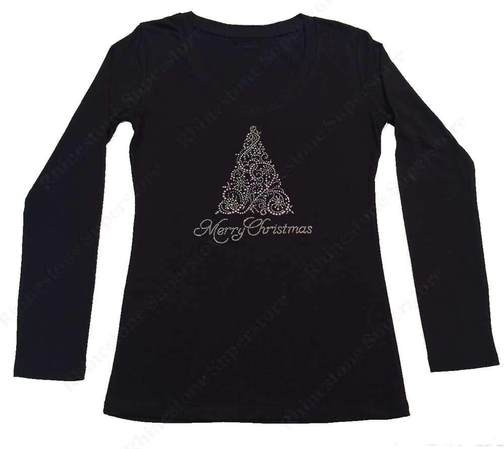 Womens T-shirt with Merry Christmas Tree in Crystal and Pearl Rhinestones