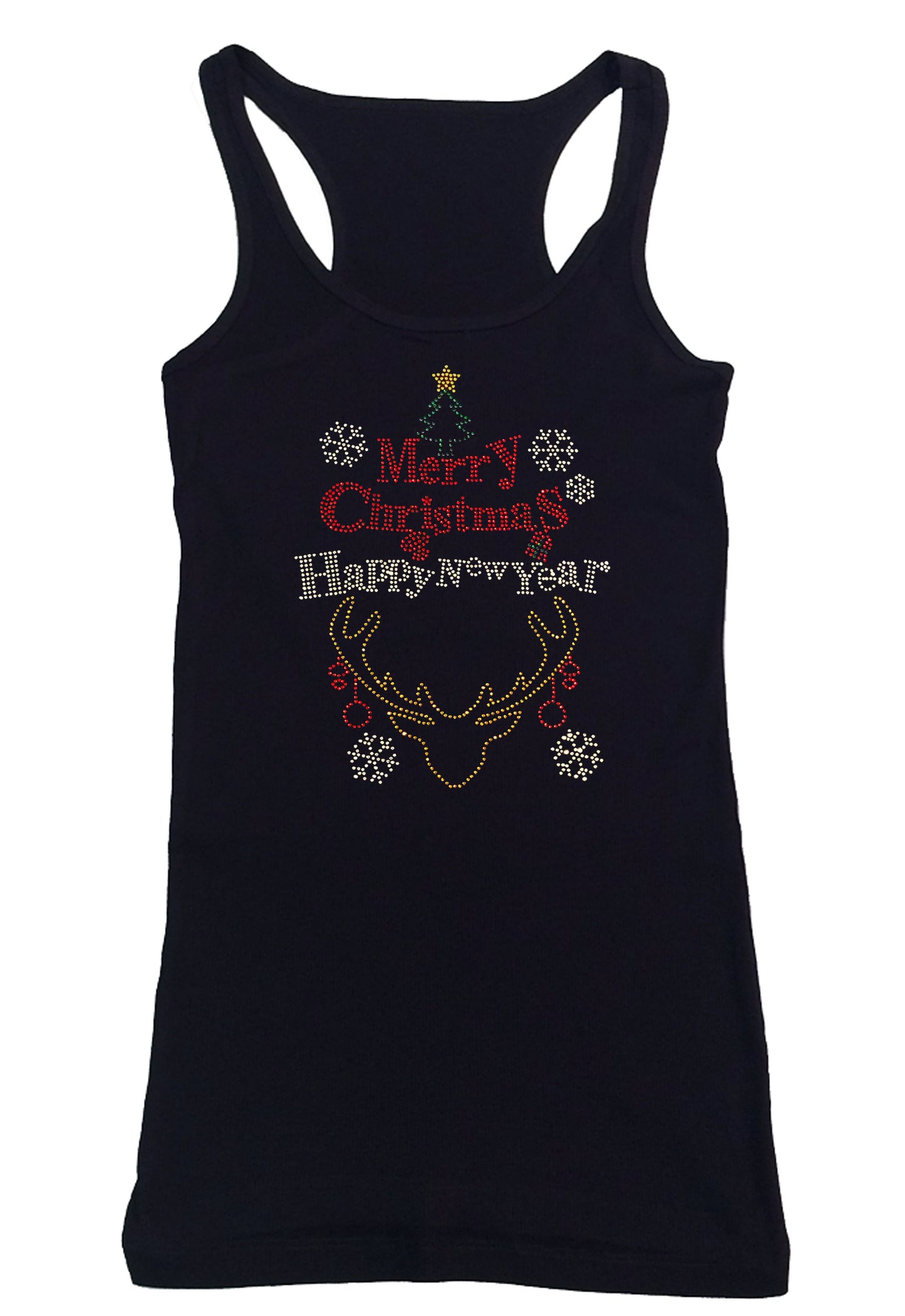 Womens T-shirt with Merry Christmas and Happy New Year in Rhinestones