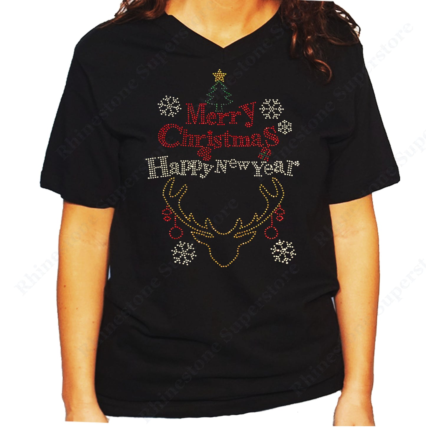 Women's / Unisex T-Shirt with Merry Christmas and Happy New Year in Rhinestones