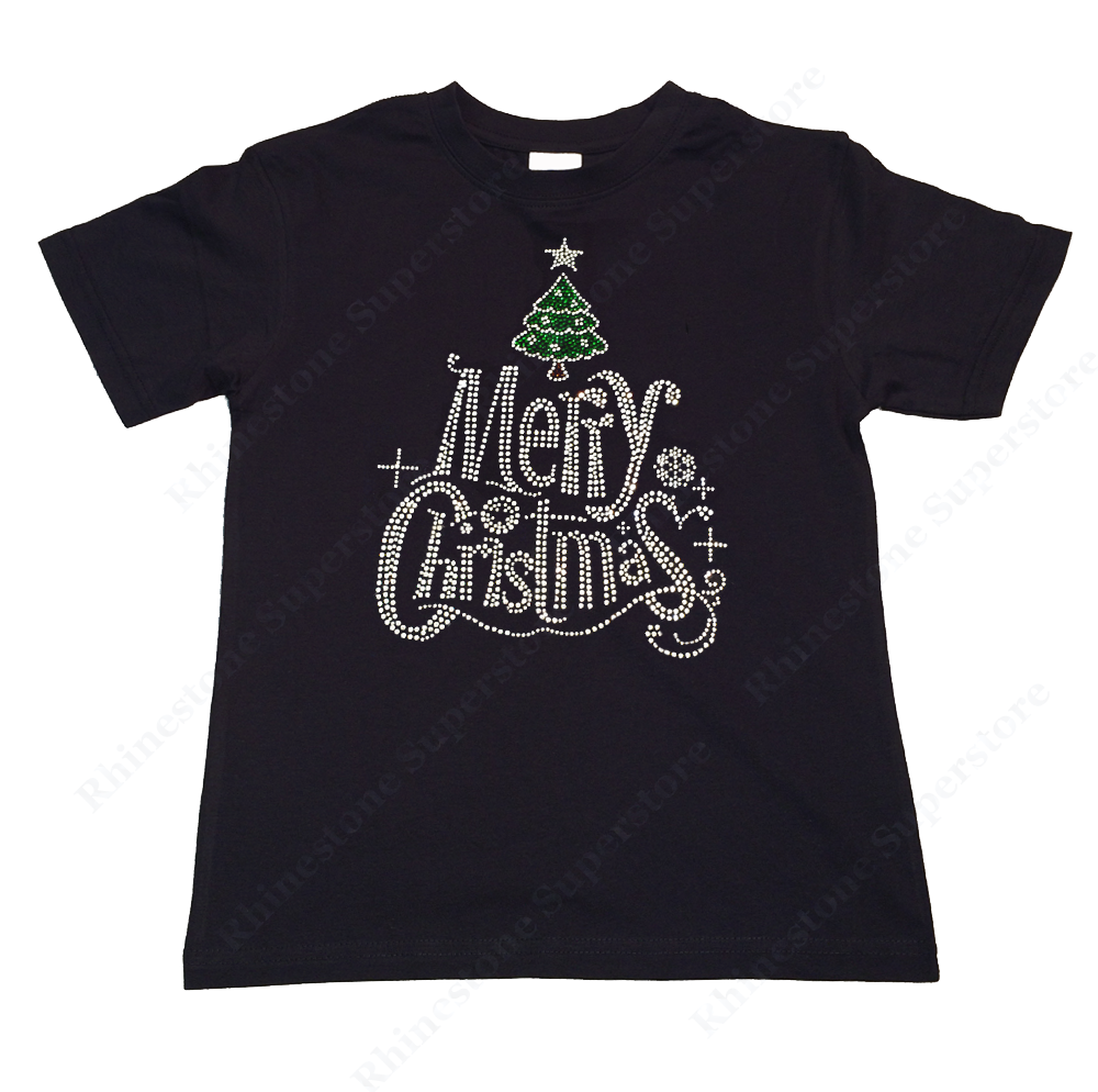 Girls Rhinestone T-Shirt " Merry Christmas with Christmas Tree " Size 3 to 14 Available