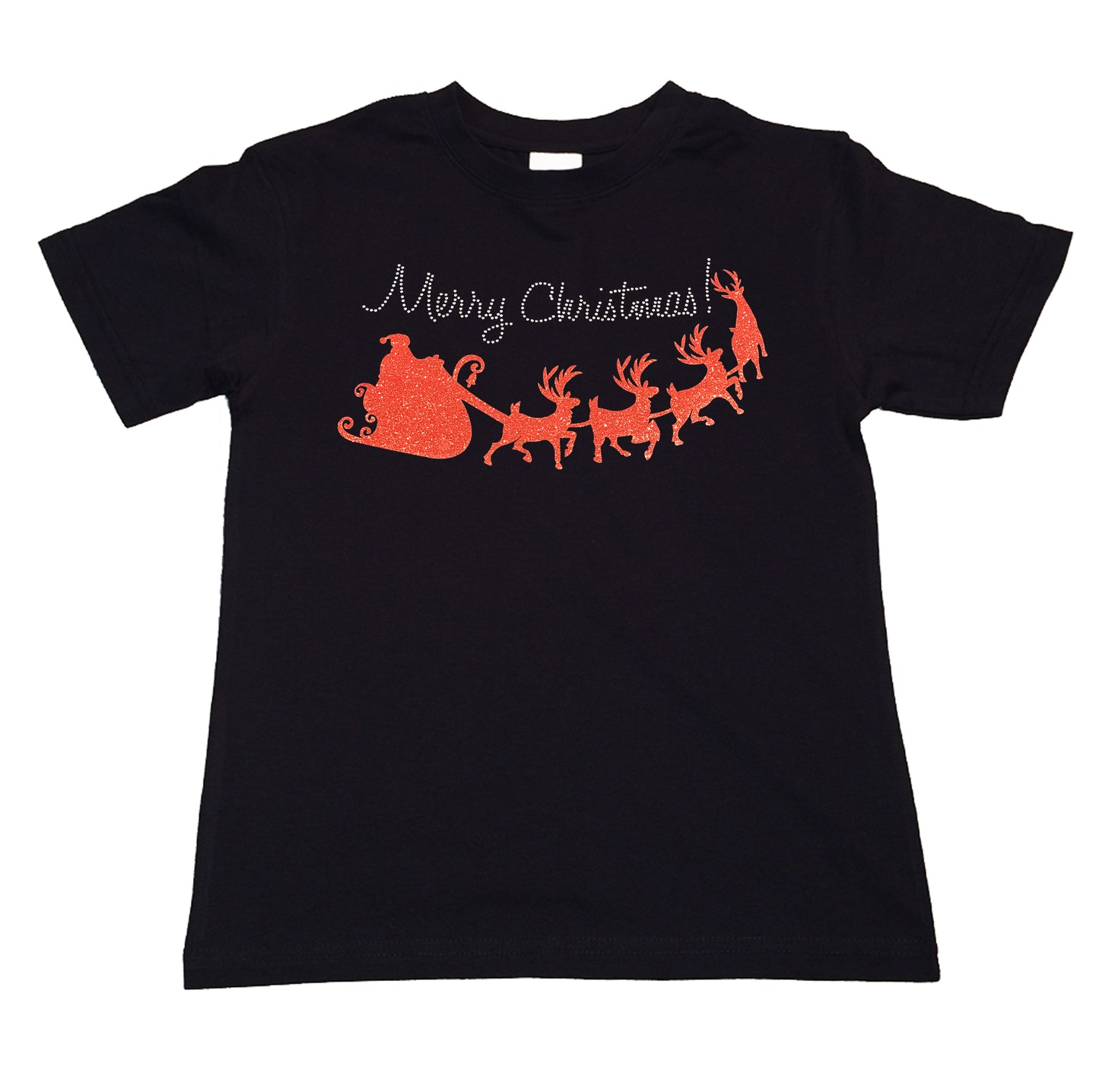 Girls Rhinestone T-Shirt " Merry Christmas with Red Santa Sleigh in Glitters and Rhinestones " Kids Size 3 to 14 Available