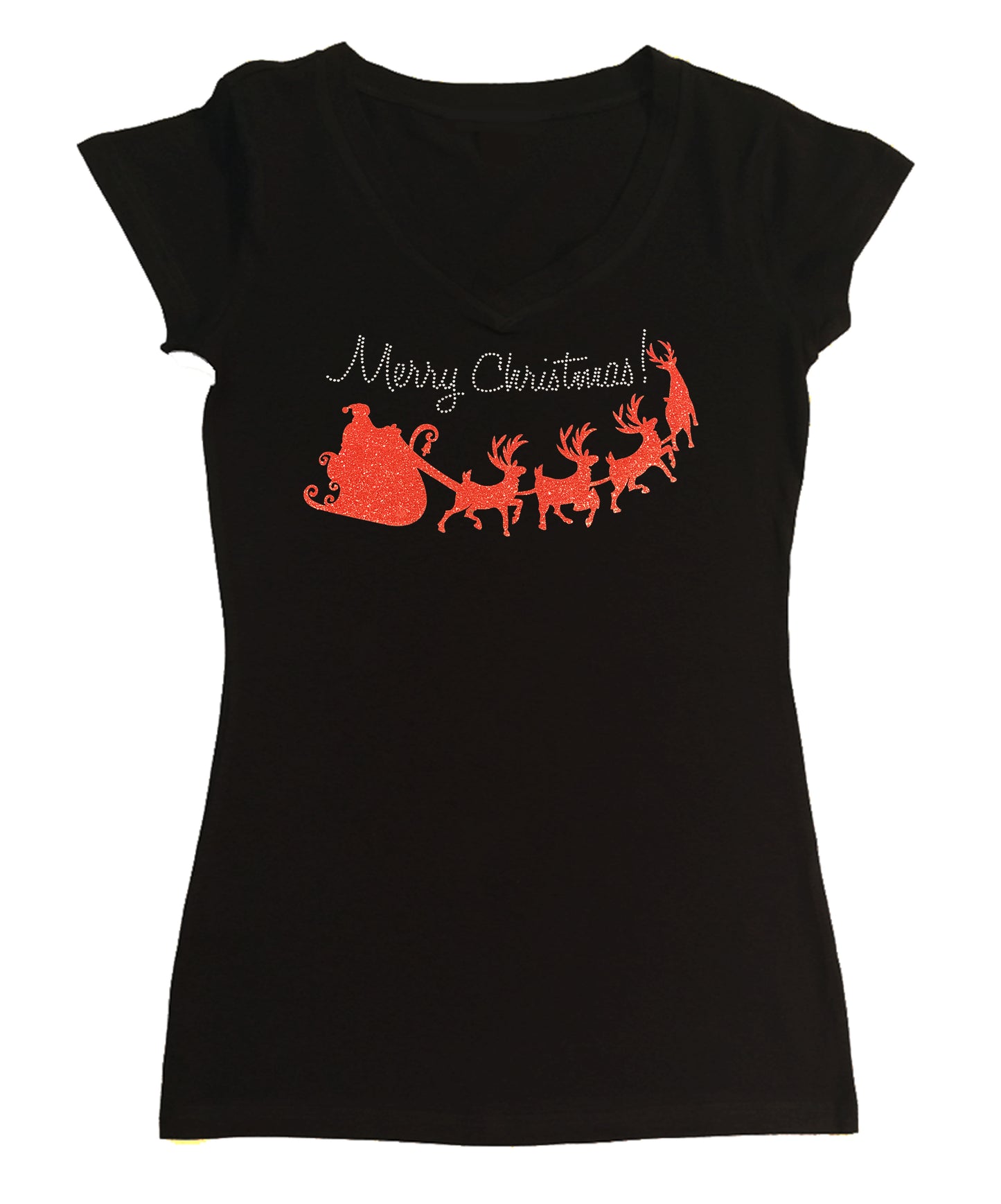 Merry Christmas with Red Santa Sleigh in Glitters and Rhinestones