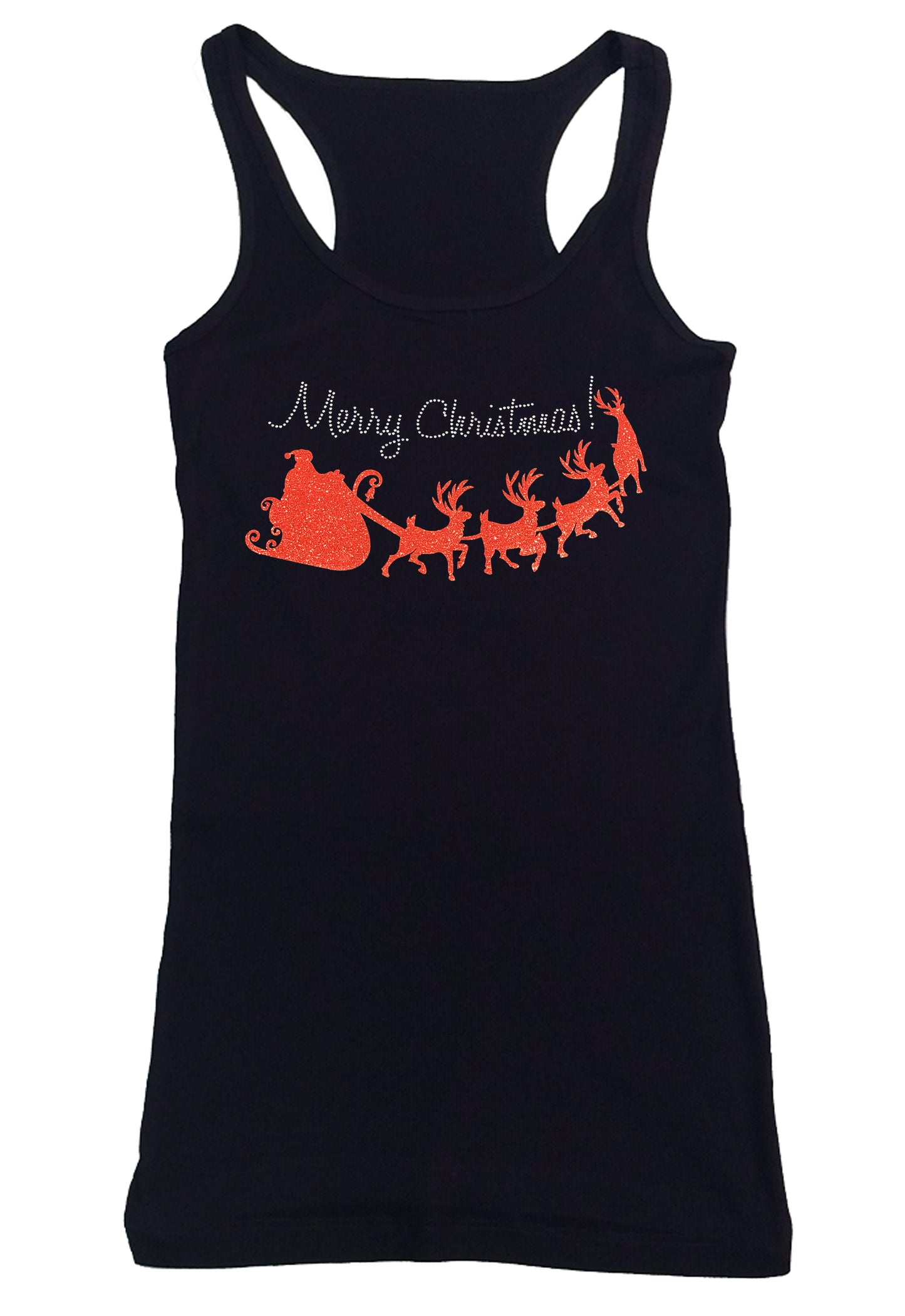 Womens T-shirt with Merry Christmas with Red Santa Sleigh in Glitters and Rhinestones