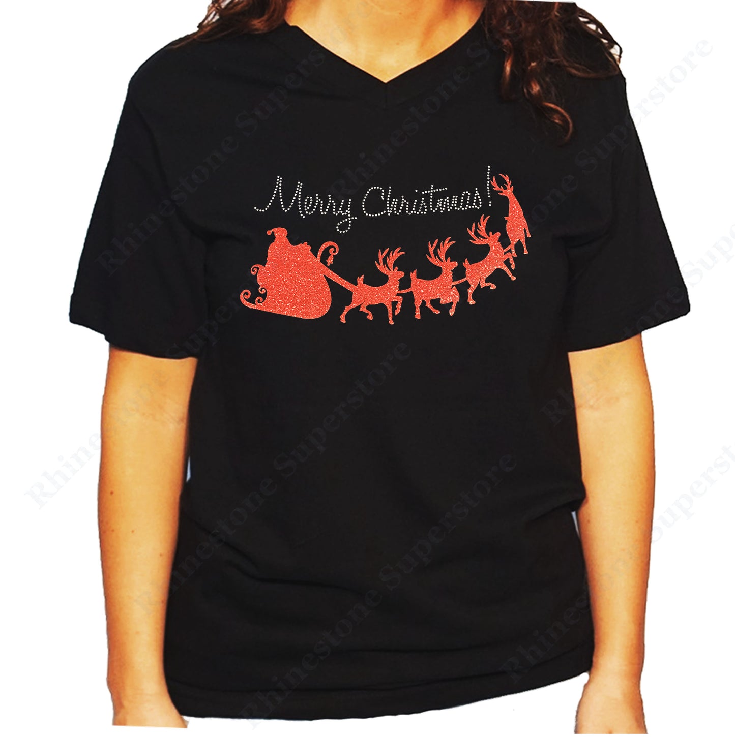 Women's / Unisex T-Shirt with Merry Christmas with Red Santa Sleigh in Glitters and Rhinestones