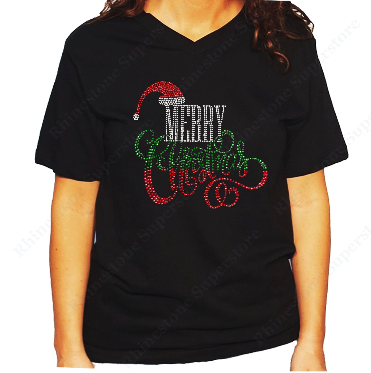 Women's / Unisex T-Shirt with Merry Christmas With Santa Hat in Rhinestones