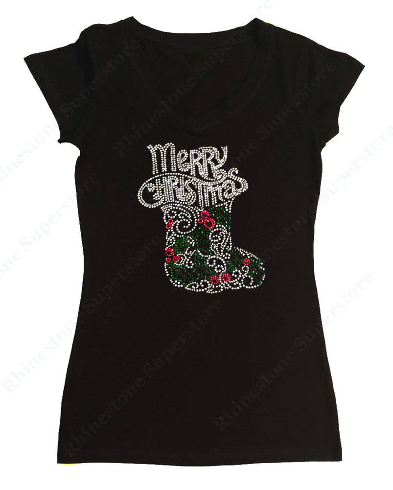 Womens T-shirt with Merry Christmas with Stocking in Rhinestones