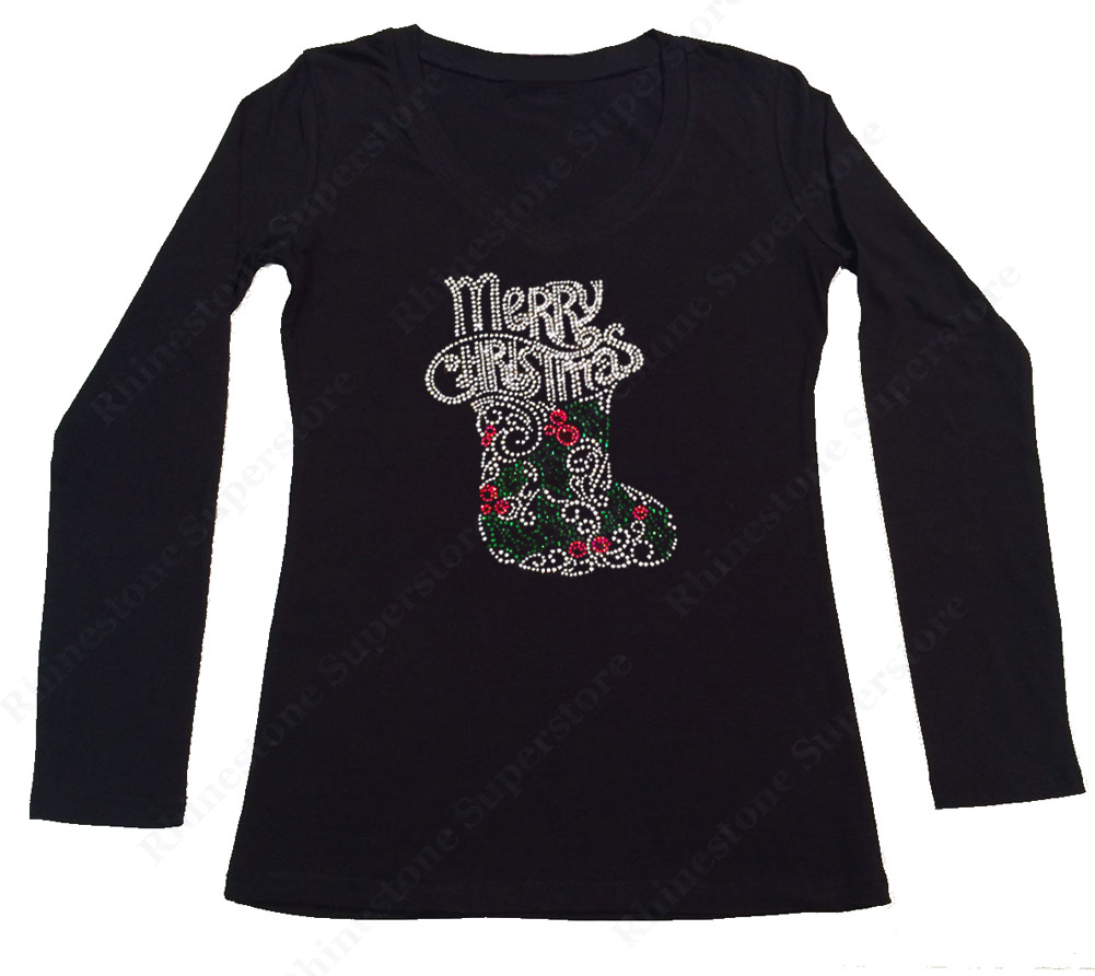 Womens T-shirt with Merry Christmas with Stocking in Rhinestones