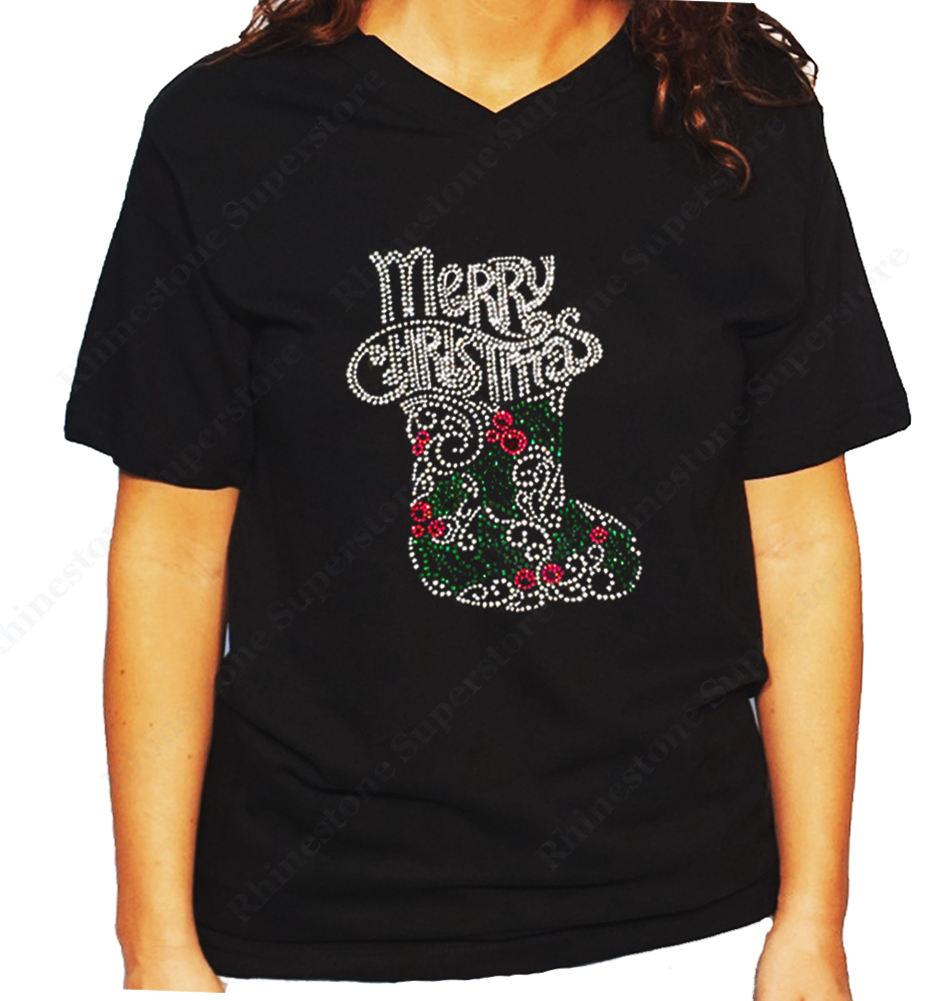Women Unisex T-Shirt with Merry Christmas with Stocking in Rhinestones Crew Neck