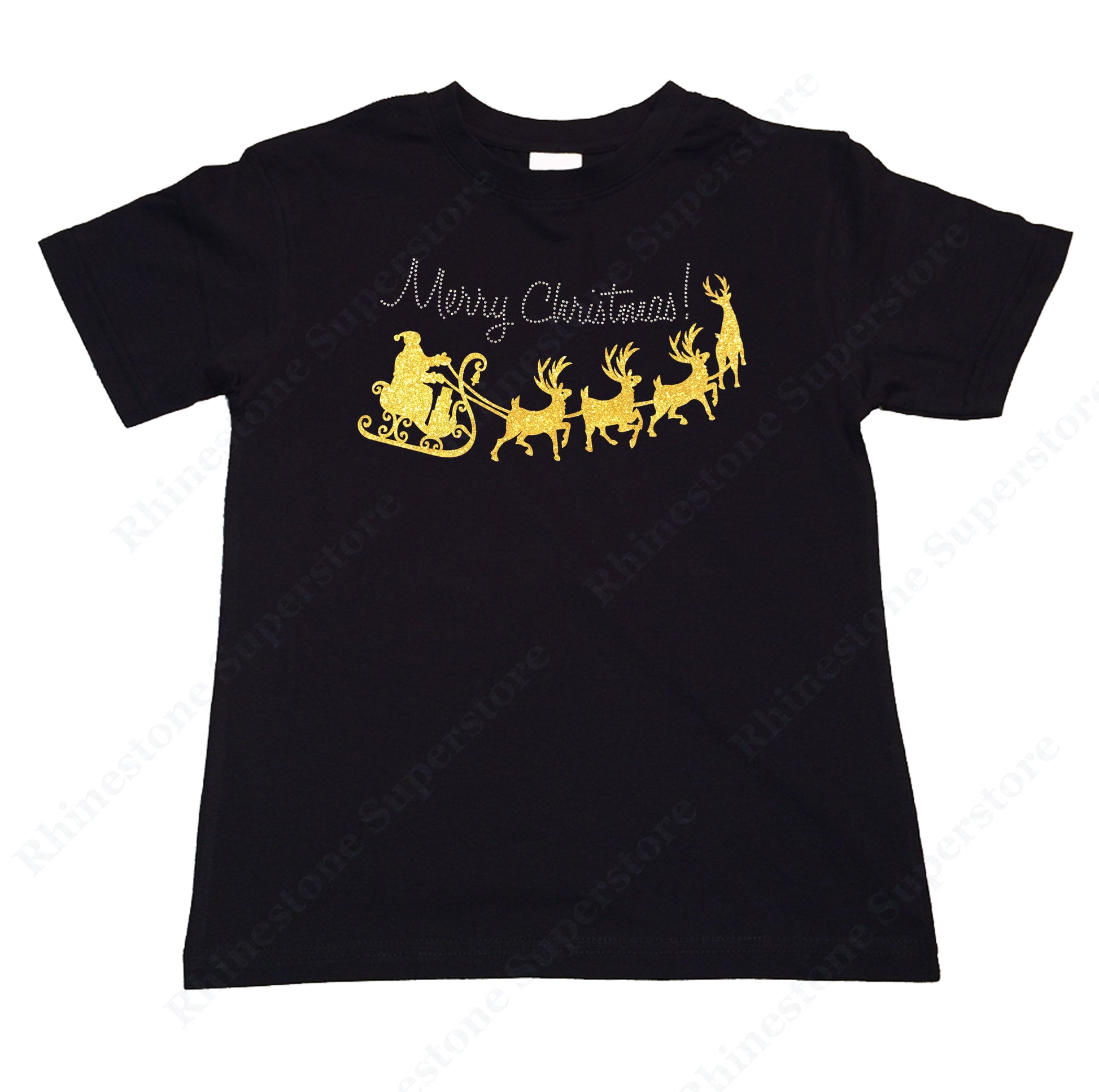 Merry Christmas with Yellow Santa Sleigh in Glitters and Rhinestones