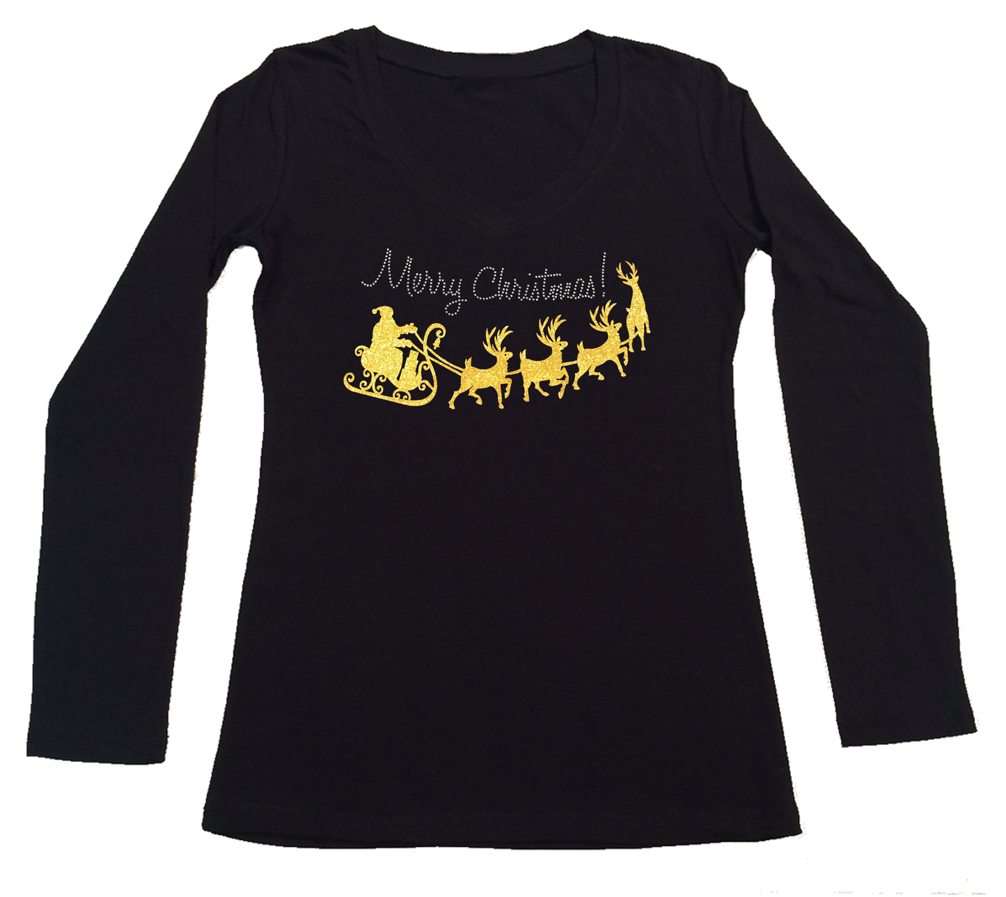 Womens T-shirt with Merry Christmas with Yellow Santa Slay in Glitters and Rhinestones