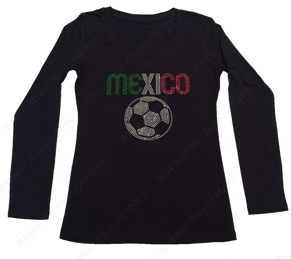 Womens T-shirt with Mexico with Soccer Ball in Rhinestones