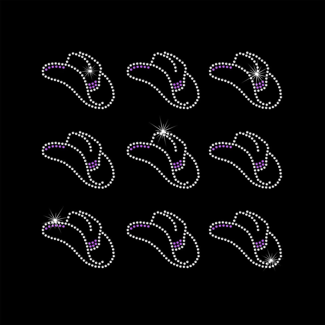 Rhinestone Transfer " Mini Cowboy Hats AB with Purple Accent " Hotfix , Iron On, Bling, Trendy, DIY