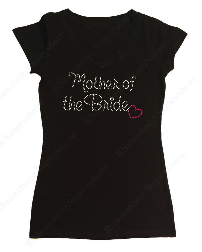 Womens T-shirt with Mother of the Bride with Pink Heart in Rhinestones