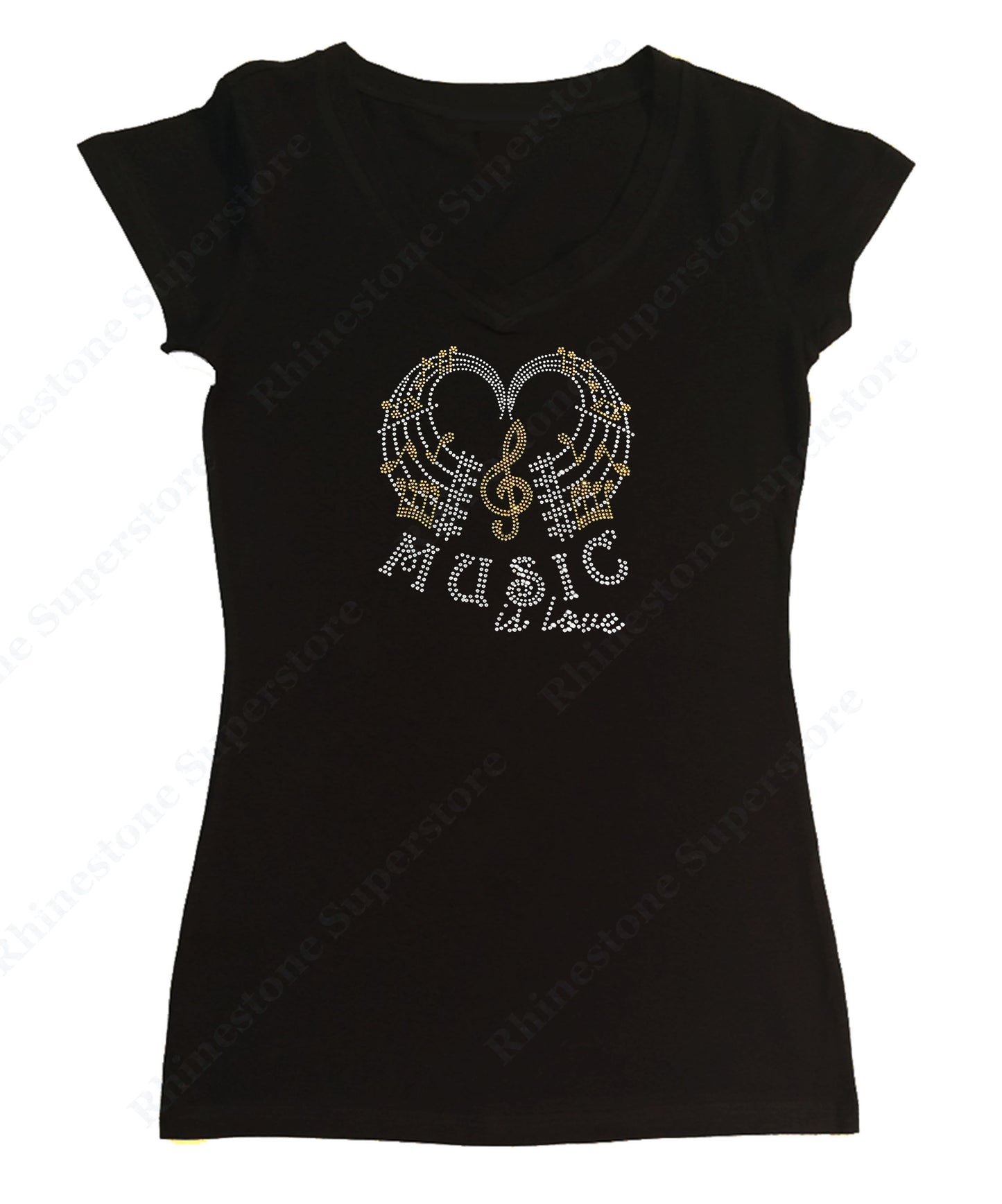 Womens T-shirt with Music is Love with Music Notes in Rhinestones
