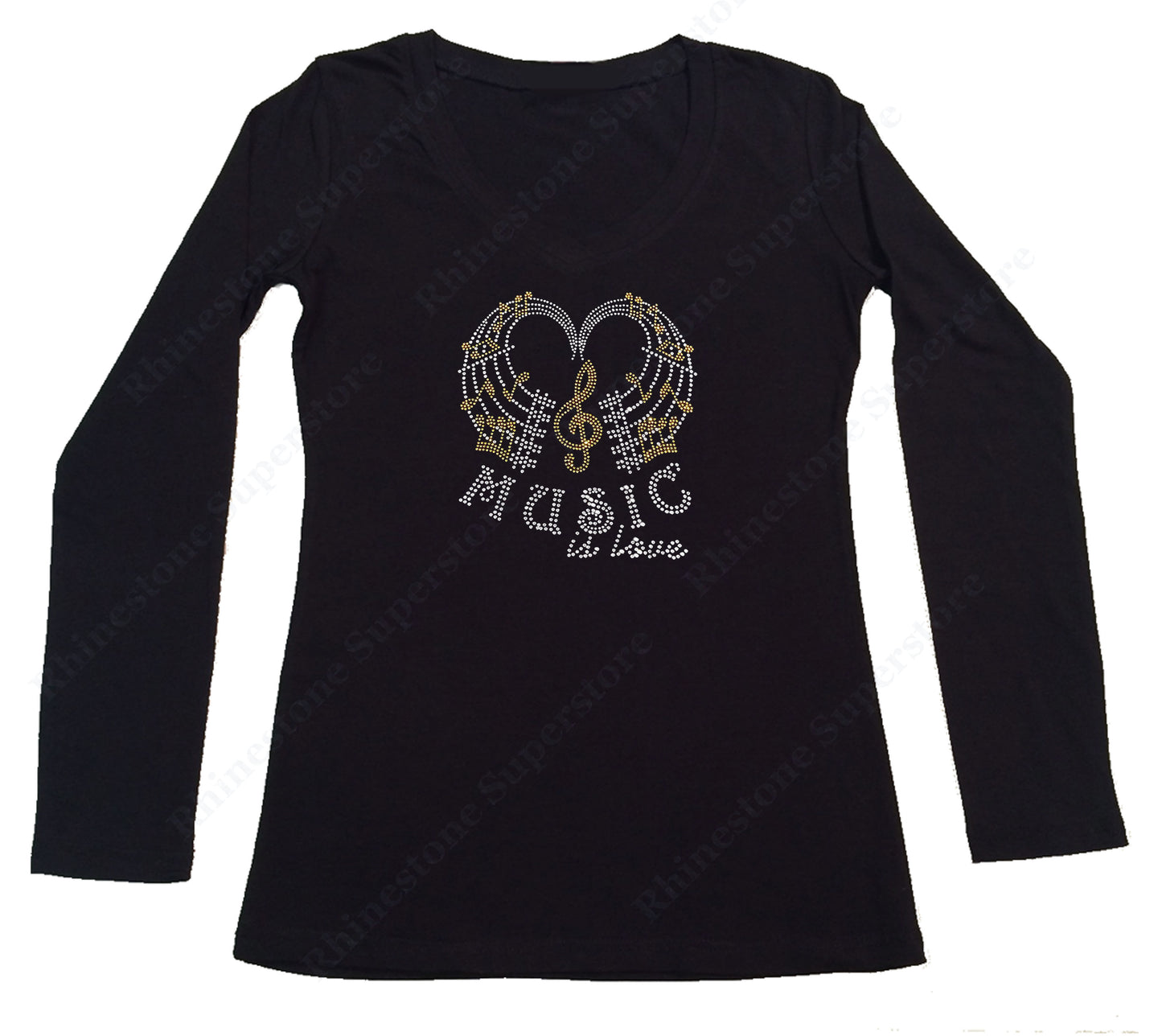 Womens T-shirt with Music is Love with Music Notes in Rhinestones
