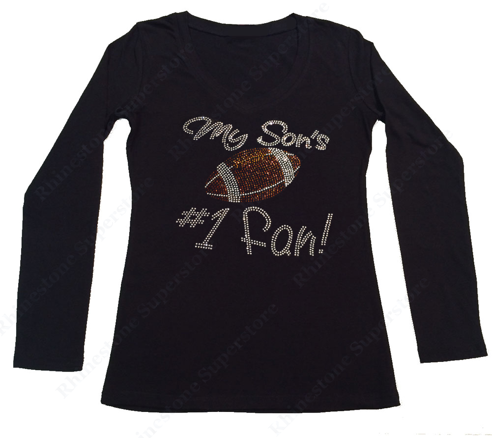 Womens T-shirt with My Son's #1 Fan with Football in Rhinestones